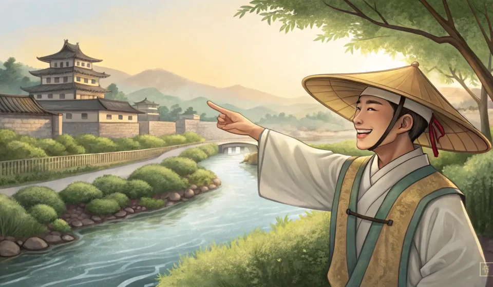 Asking About a River’s History in Korean A tour guide explains the history of a scenic Korean river to a tourist, symbolizing learning Korean...