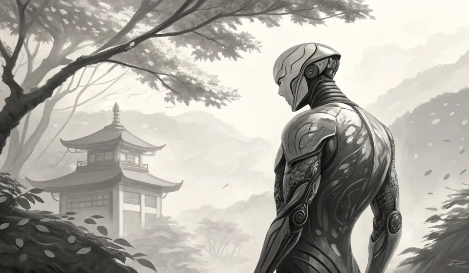 How to Discuss Robots, Cyborgs, and Abstract Feelings in Korean Abstract Korean ink wash style illustration symbolizing discussion between artificial beings about h...