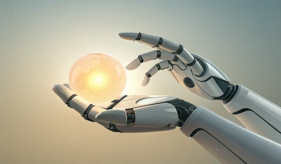 How to Describe a Robot Therapist Counseling a Human in Korean Stylized illustration symbolizing learning Korean vocabulary for futuristic concepts, showing a robo...