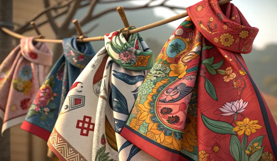 Asking About Scarf Patterns in Korean Detailed view of various colorful handmade Korean scarves with traditional patterns displayed at a m...