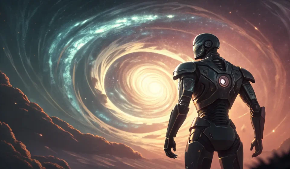 Expressing Complex Sci-Fi Concepts: Robot Historians and Time Glitches Stylized illustration showing a robot silhouette confronting a digital time glitch vortex, set again...