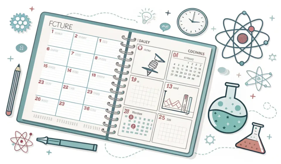 How to Ask About a Science Project in Korean Illustration of an open planner with science icons, framed by a Korean pattern, symbolizing a studen...