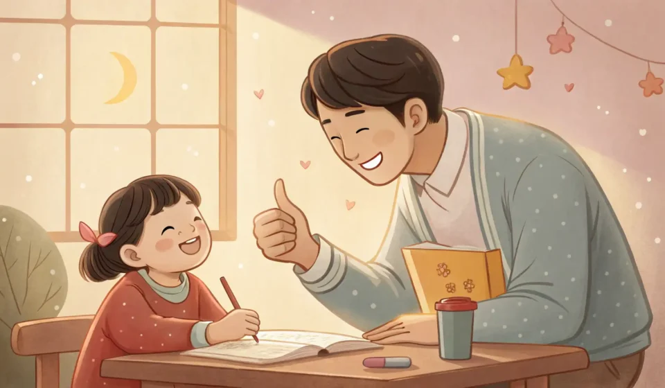 How to Negotiate Screen Time with Your Child in Korean Illustration of a Korean parent praising a child for finishing homework, hinting at screen time rewa...