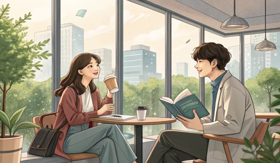 How to Joke About a Bad Selfie in Korean Two young Korean friends laughing together while looking at a smartphone screen in a Seoul cafe, con...