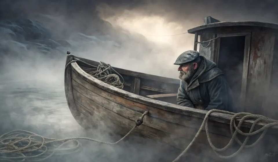 How to Express a Sentient Fog Convincing a Sailor in Korean A lone sailor on a small wooden boat enveloped by thick, mysterious, subtly glowing fog, representin...