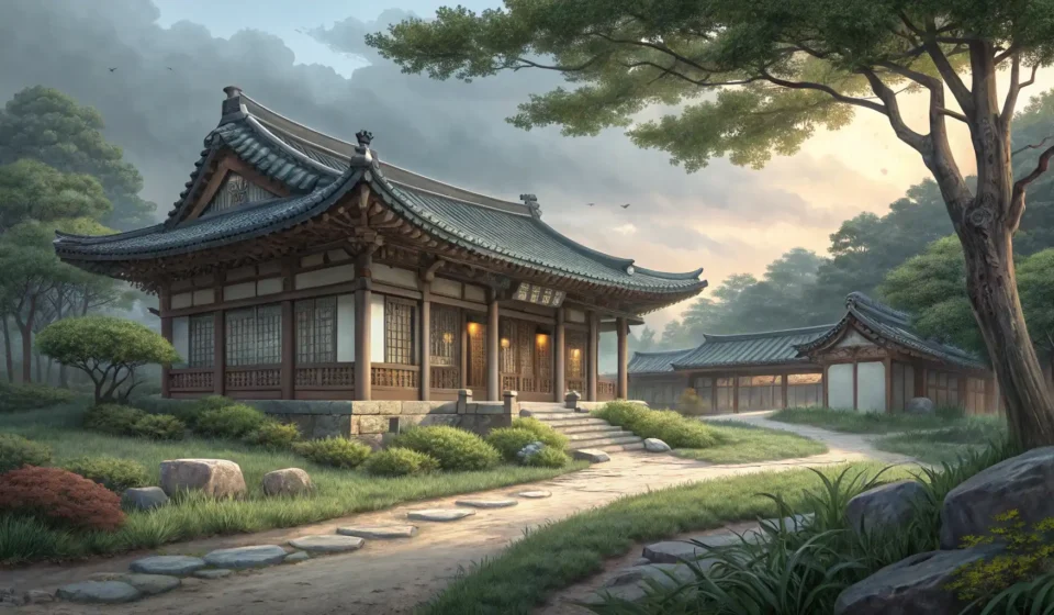 How to Say Seowon in Korean Illustration of a traditional Korean Seowon (Confucian academy) building in a peaceful natural setti...