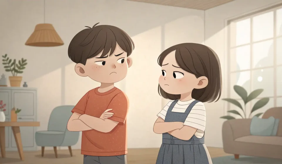 How to Express a Sibling Argument Over Board Games in Korean Two young Korean siblings reaching for the same board game box, looking annoyed, illustrating a comm...