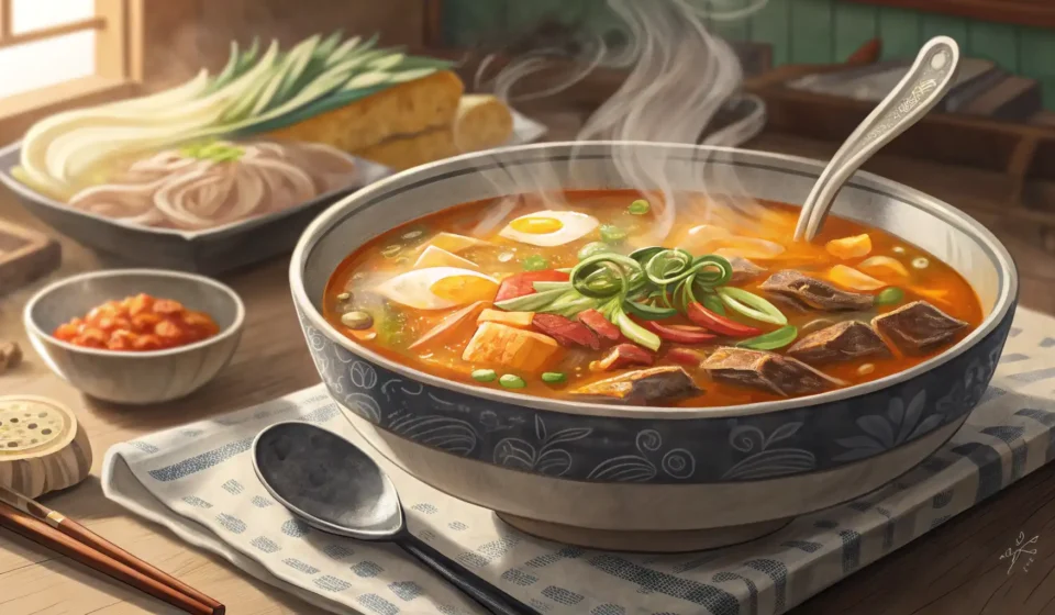 Teasing a Sibling About Loud Slurping in Korean Cartoon illustration for a Korean learning topic, showing a steaming bowl of Korean breakfast soup w...