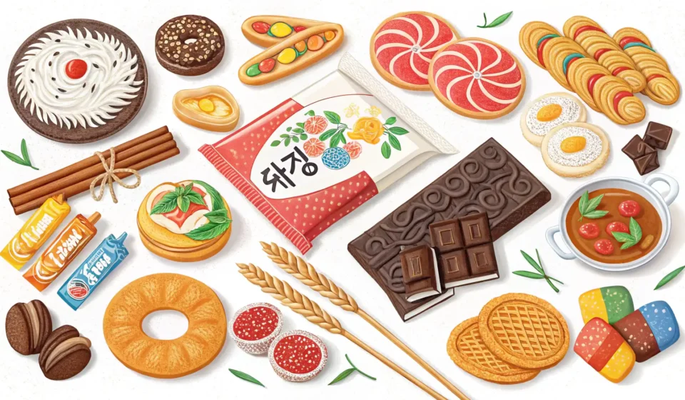 How to Describe a Friend Debating Snacks for a Movie Marathon in Korean Illustration of various popular Korean snacks spread out, symbolizing choices for a Korean language...