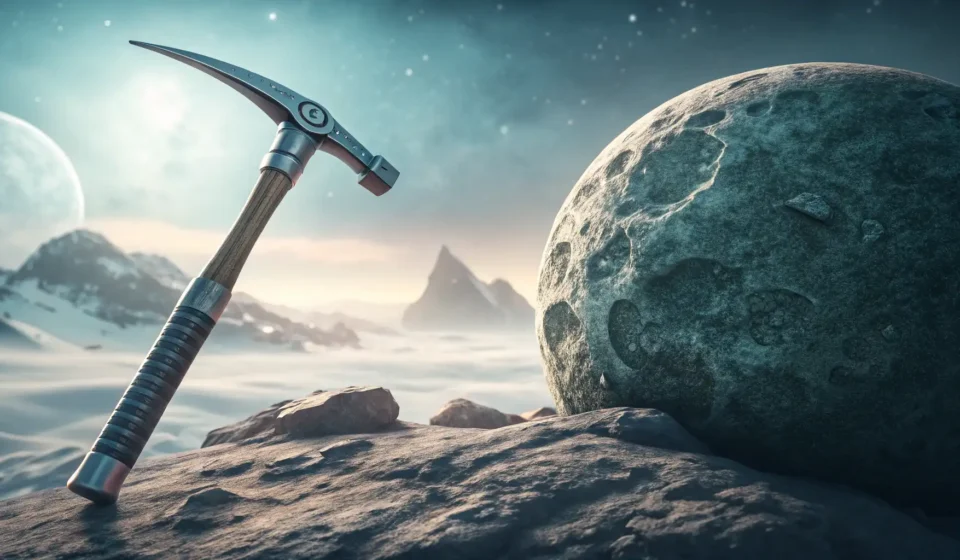 How to Say “A space miner debating a moon rock about digging with shadow dust” in Korean Stylized image featuring a futuristic pickaxe resting on a moon rock, with the silhouette of a Korea...
