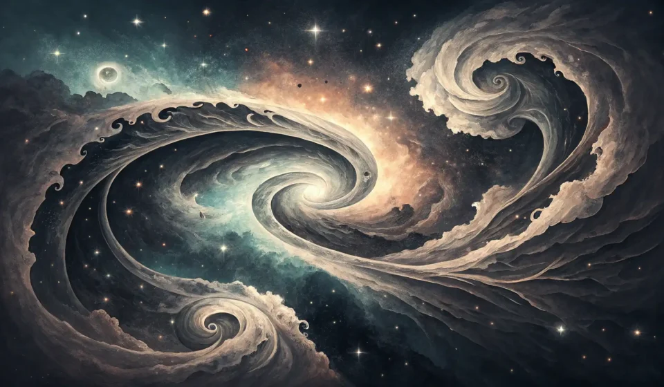 How to Describe Imaginative Space Scenes in Korean Abstract Korean ink brush strokes forming cosmic swirls and glowing particles, symbolizing learning...