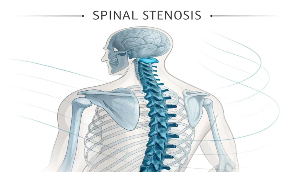How to Say Spinal Stenosis in Korean Medical illustration of a spine cross-section showing spinal stenosis, used for a lesson on the Kore...