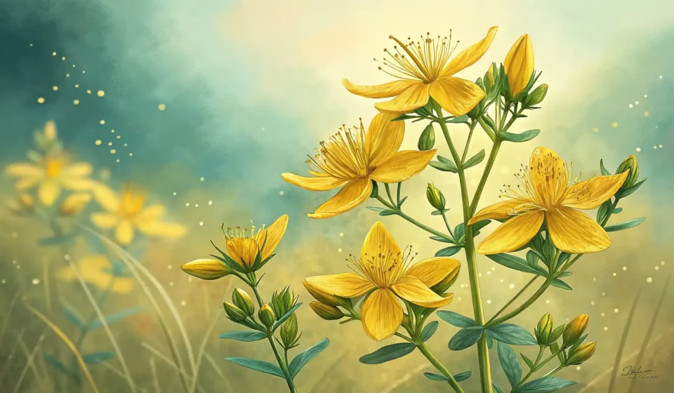 How to Say St. John’s Wort in Korean Illustration of yellow St. John's Wort flowers with a subtle Korean pattern background, symbolizing...