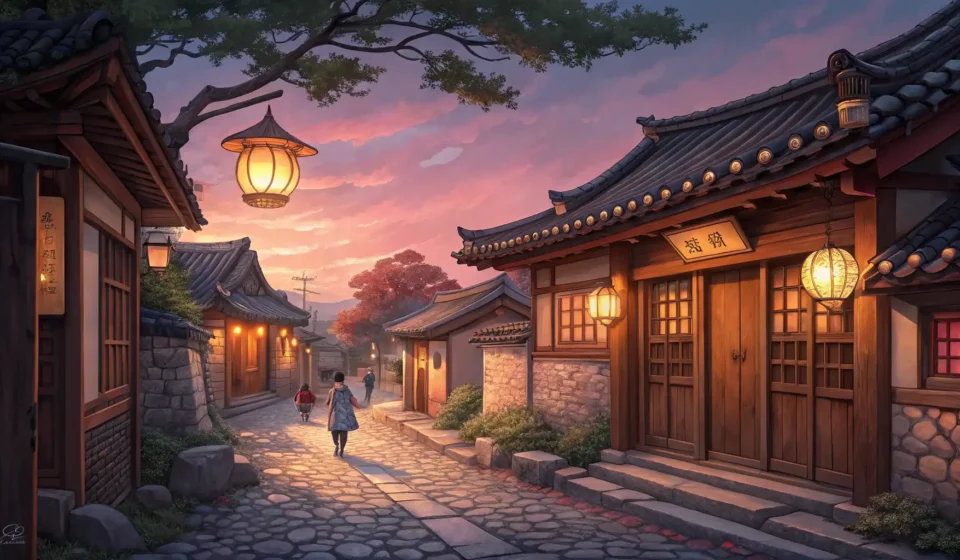 How to Participate in Stray Cat Care in Korean A cozy Korean alleyway scene at dusk, symbolizing community care for stray cats, relevant to learnin...