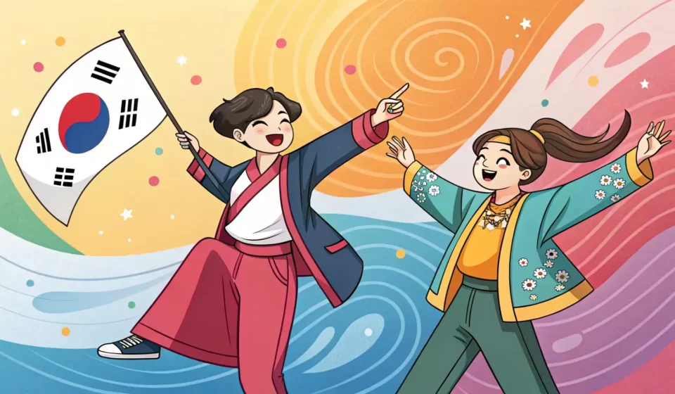 How to Convince a Friend to Try a New Salsa Class in Korean Illustration showing one friend enthusiastically suggesting salsa dancing (represented by colorful a...
