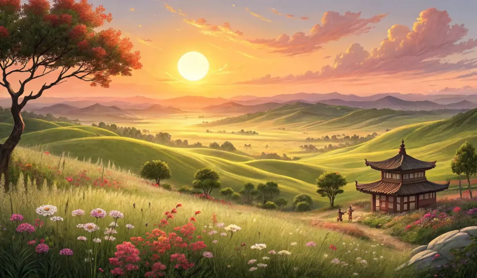 How to Ask About Sunrise Spots in Korean Illustration of a park ranger pointing out a sunrise viewing spot over vast plains to a camper, symb...