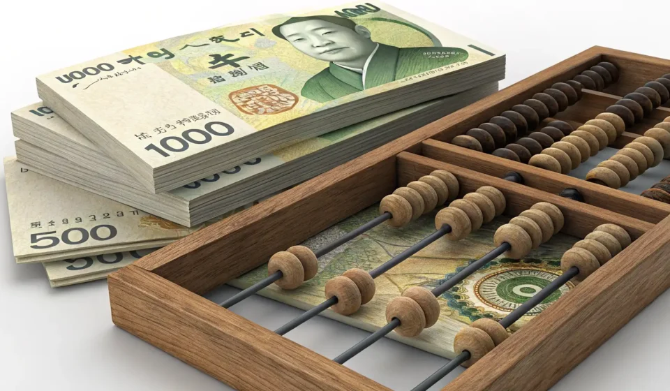 Understanding Tax Accounting in Korean A Korean wooden abacus sits beside stacks of South Korean Won currency, symbolizing learning about K...