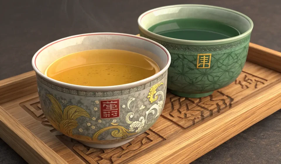 How to Express Debating Tea Choices in Korean Two traditional Korean teacups containing different types of tea rest on a wooden surface, symbolizi...