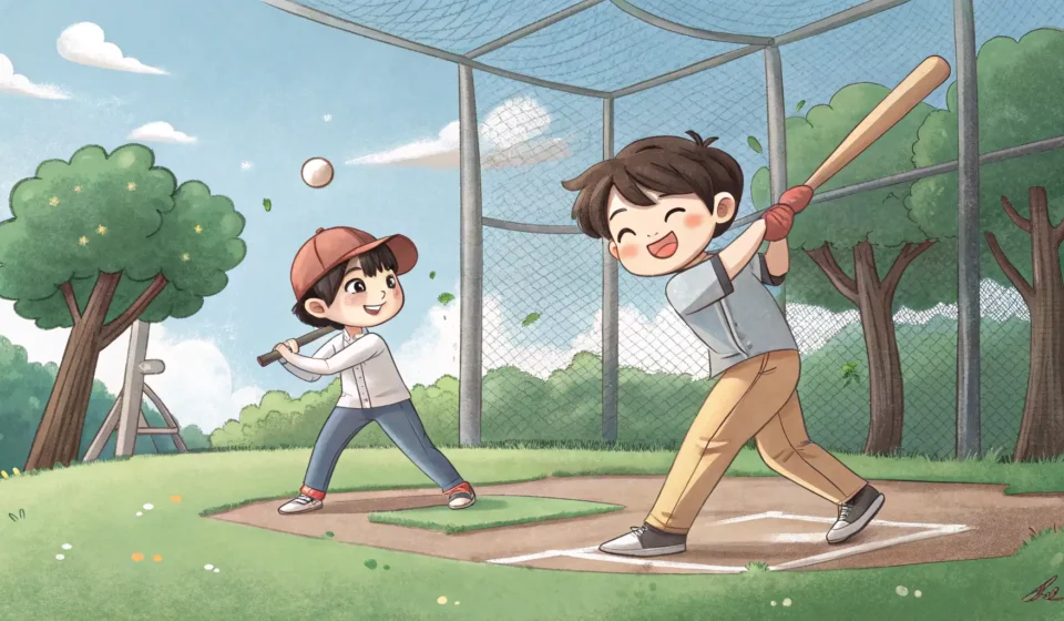 Teasing a Friend About a Bad Batting Swing in Korean Two Korean friends at a batting cage; one laughs heartily as the other makes a comically bad basebal...