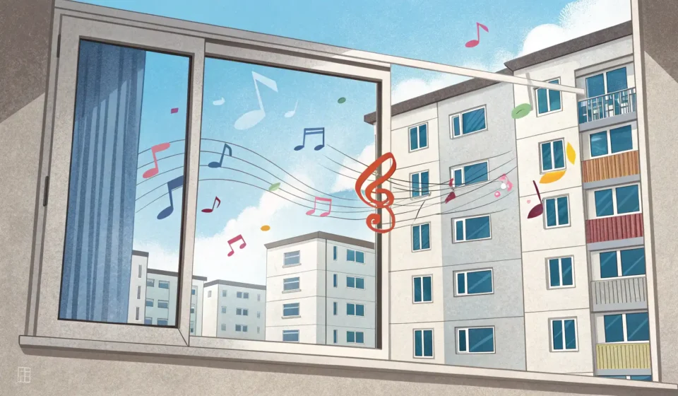 How to Tease a Friend About Shower Singing in Korean Graphic illustration showing musical notes and sound waves bursting from a Korean apartment window,...