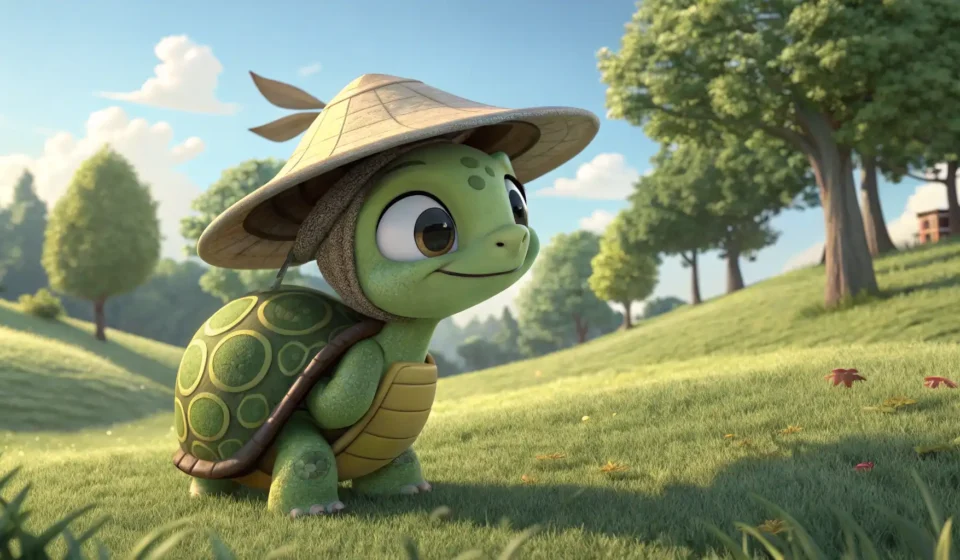 How to Tease a Sibling for Being Slow in Korean A cute cartoon turtle wearing a Korean gat hat lags behind on a path, symbolizing the Korean phrase...