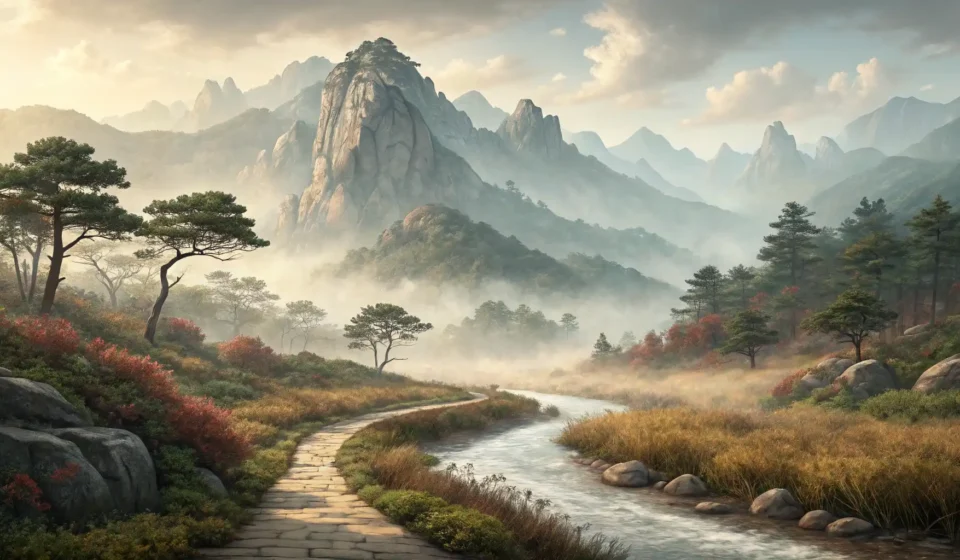 Asking About Lost Treasure Rumors in Korean Illustration of mysterious Korean mountains with a hiking path and a hidden glint, representing aski...
