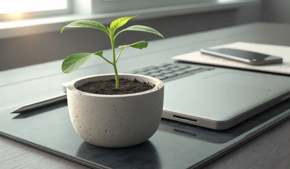 How to Say Unlisted Stock in Korean A seedling in a pot on a desk overlooking Seoul, symbolizing learning the Korean term for unlisted s...