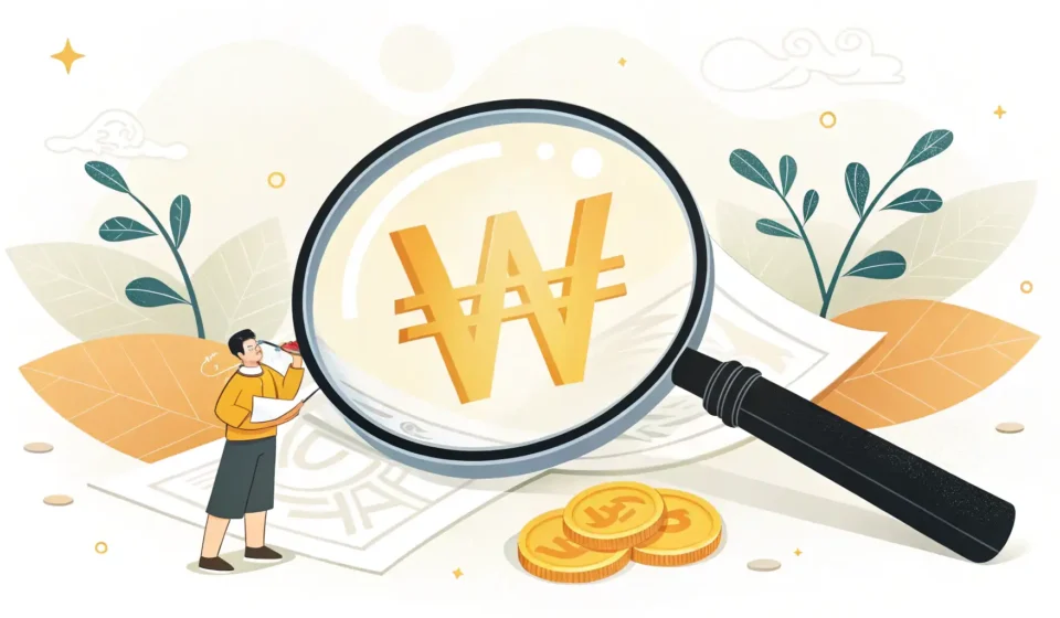 How to Say Value Stock in Korean Magnifying glass inspecting a Korean Won symbol, illustrating the concept of examining value for lea...