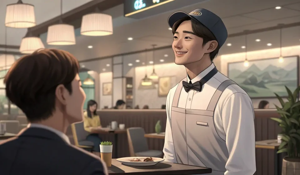 Handling Vegan Requests in Korean Restaurants Korean waiter listening attentively in a restaurant setting with various Korean side dishes (banchan...