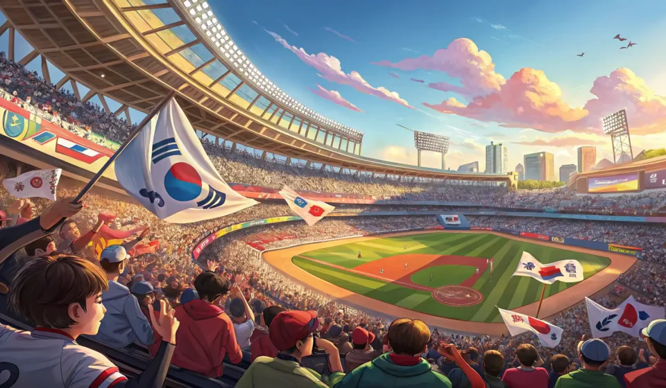 Attending a Sports Game in Korea Excited crowd cheering at a sunlit Korean sports stadium during a game, representing the lively atmo...