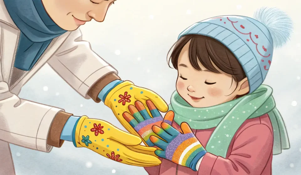 How to Convince Your Child to Wear Gloves in Korean Illustration of a Korean parent's hands carefully putting bright winter gloves on a small child's ha...