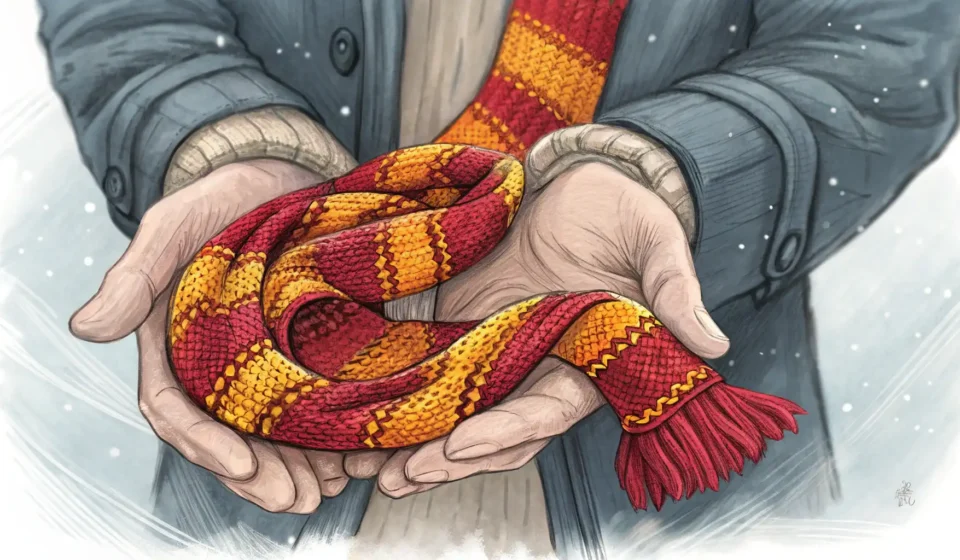 How to Convince Your Child to Wear a Scarf in Korean Illustration of adult hands offering a colorful knitted scarf against a blurred background depicting...