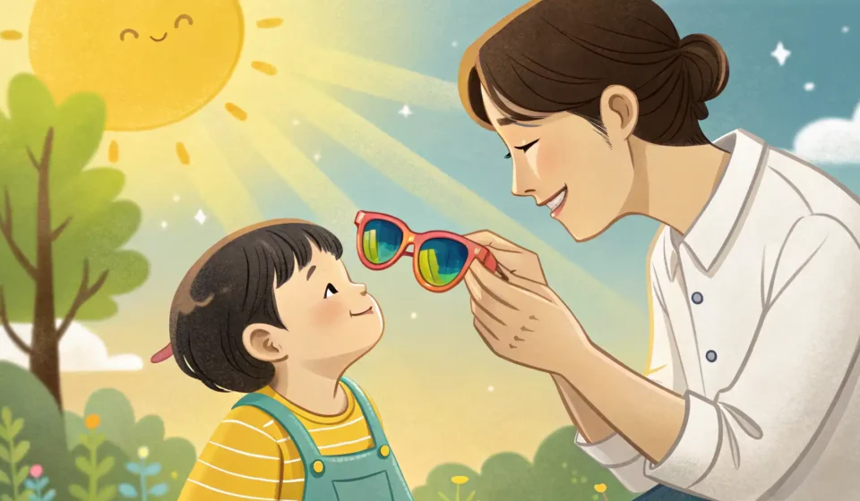 How to Convince a Child to Wear Sunglasses in Korean Illustration of a Korean parent offering sunglasses to a child on a sunny day, representing learning...