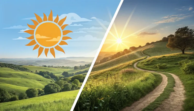 Talking About the Weather in Korean Split graphic illustrating weather concepts for Korean learning: sunny icon on blue sky (left) and r...