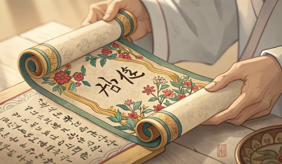 How to Say Will or Testament in Korean Hands holding a traditional Korean scroll, symbolizing important documents like a will, alongside a...