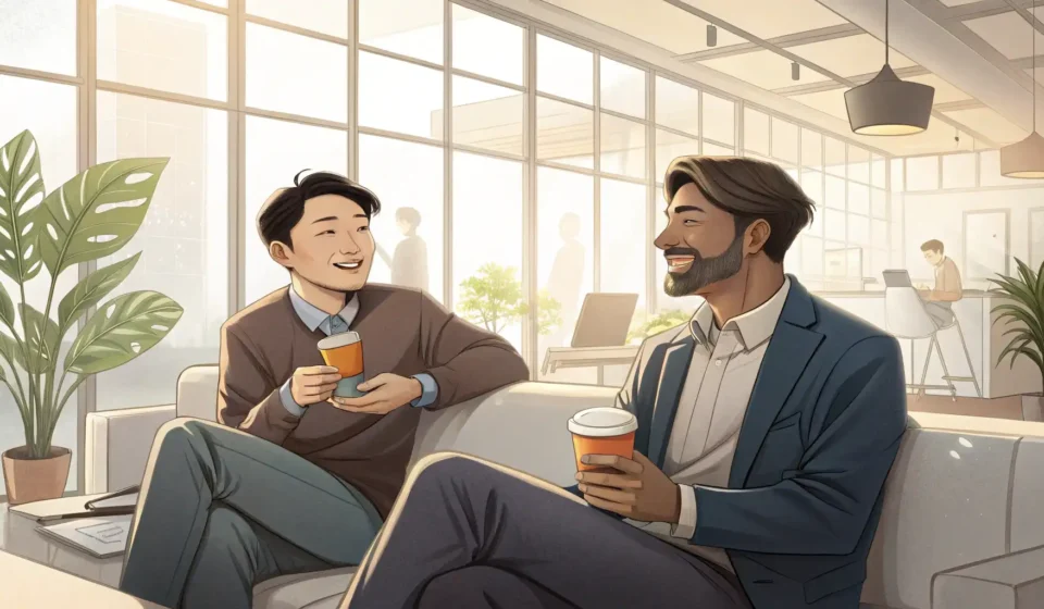 Explaining Team Shifts in Korean Two colleagues chatting over coffee during a work break, representing learning Korean phrases for di...