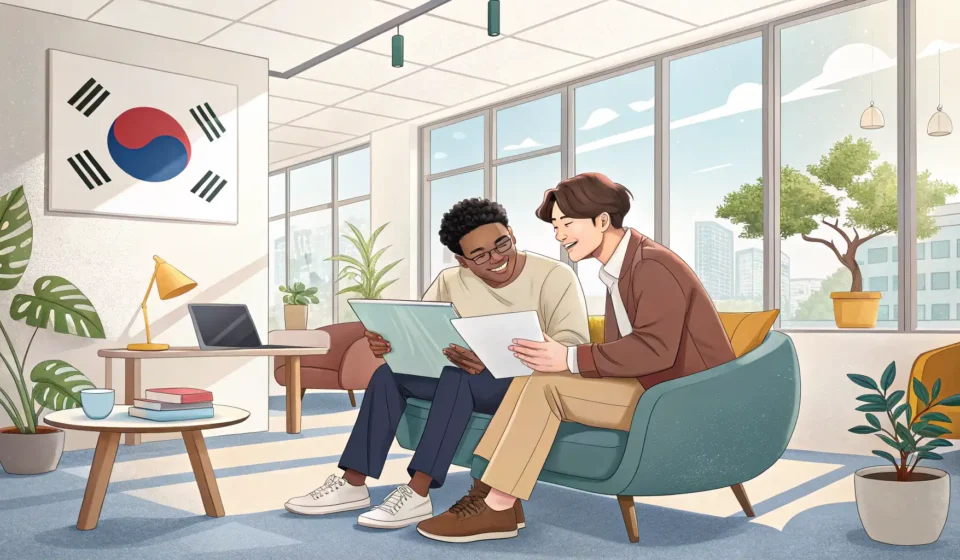 Explaining Team Shifts in Korean Two colleagues in a modern Korean office break room discuss a work schedule shown on a tablet during...