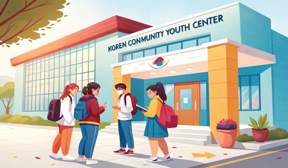 How to Use a Local Youth Center in Korean Illustration of diverse Korean teenagers standing outside a modern, welcoming youth community center...