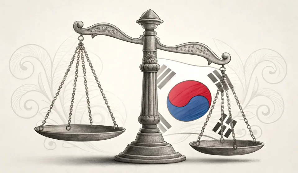 Asking About the Korean Legal System Stylized scales of justice incorporating the Korean Taegeuk symbol, representing questions about the...