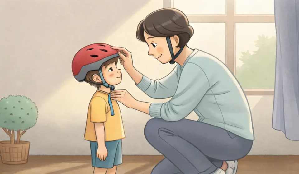 How to Convince Your Child to Wear a Helmet in Korean A Korean parent carefully places a bicycle helmet on their young child's head next to a bike in a pa...