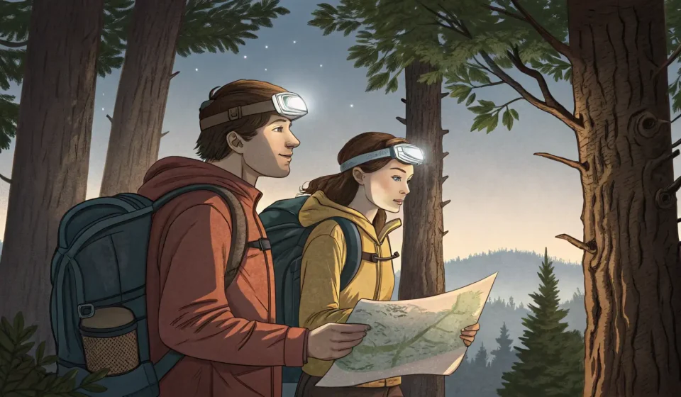 Discussing Cave Exploration Choices in Korean A couple equipped for spelunking debates which of two cave entrances to explore, representing a Kore...