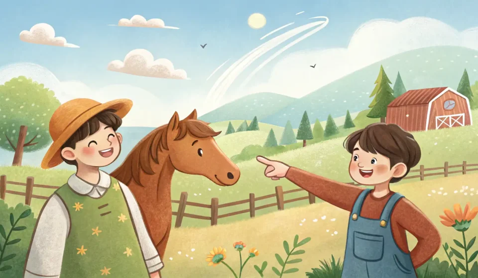 Convincing a Friend to Try Horseback Riding in Korean Two friends at a Korean ranch, one enthusiastically encouraging the other hesitant friend to try hor...