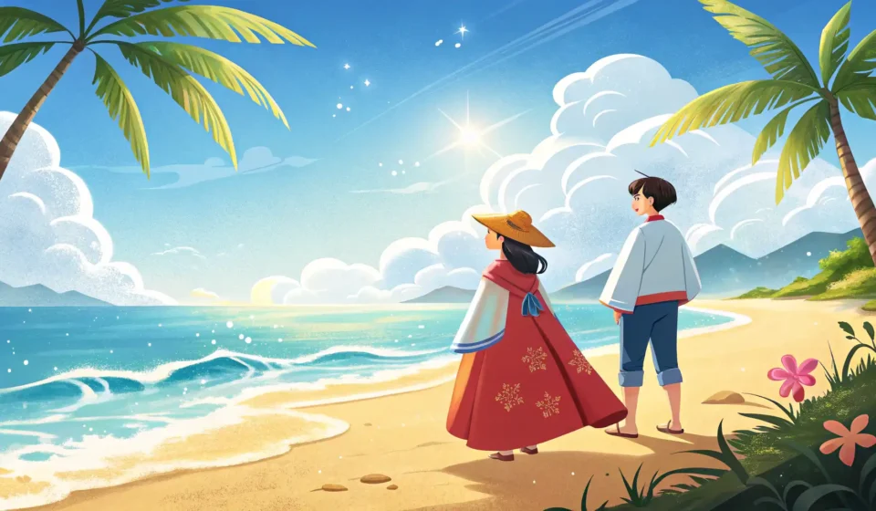 How to Convince a Friend to Try Windsurfing in Korean Illustration of a breezy Korean beach with windsurfers, symbolizing a Korean language lesson about s...