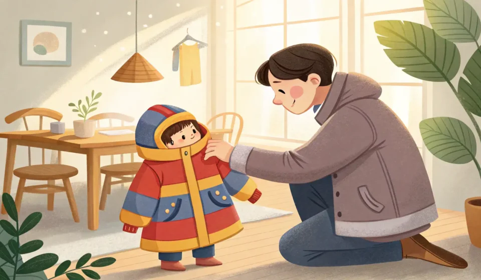 How to Negotiate Wearing a Coat in Korean Parent holding a child's winter coat near a window showing a snowy day, illustrating a Korean lesson...