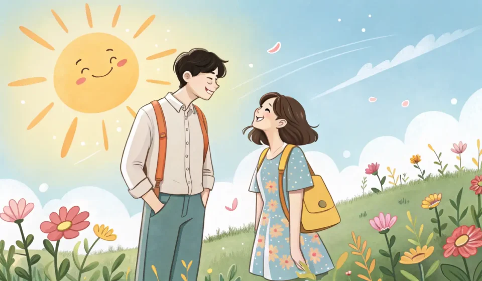 Discussing Which Zoo to Visit in Korean Illustration of a Korean couple deciding between two zoo options symbolized by animal signs on a sun...