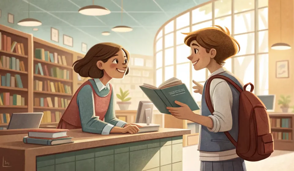 Asking a Librarian for a Rare Book in Korean Illustration showing a student interacting with a librarian in a modern Korean library, symbolizing...