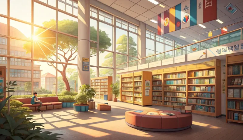Borrowing Books from the Library in Korean Illustration of a modern Korean library setting with bookshelves and a counter, symbolizing the proc...