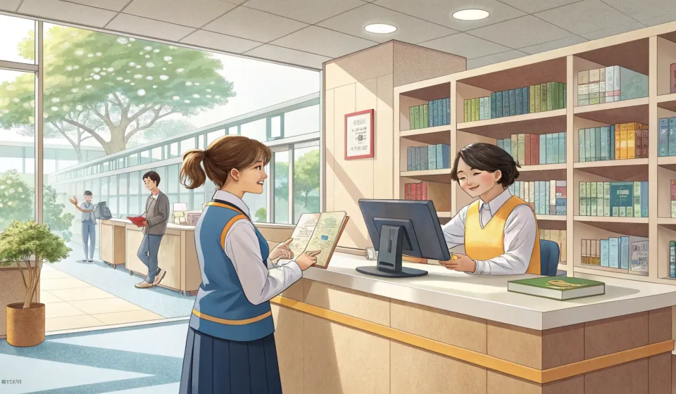 How to Register for a Library Membership in Korean A person receiving a library membership card from a smiling librarian at a counter inside a modern K...