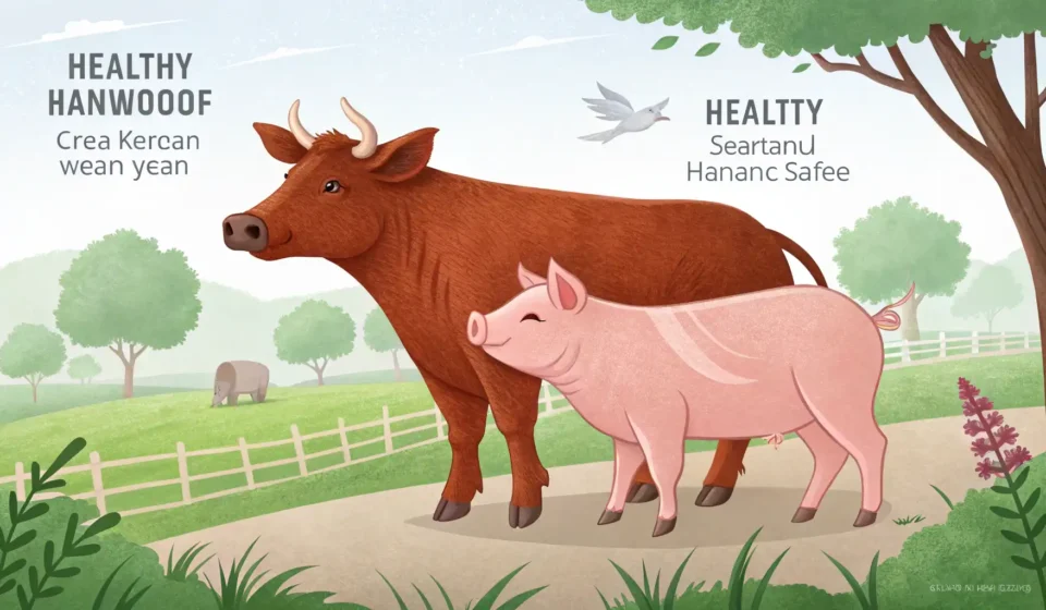 How to Say Livestock Insurance in Korean Illustration of a Korean cow and pig protected by a shield, representing the concept of Korean lives...