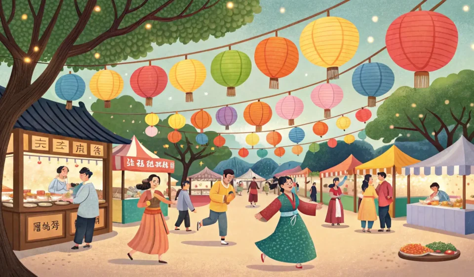 Participating in Local Community Events in Korean A lively Korean community festival scene with colorful lanterns, food stalls, and people enjoying ac...